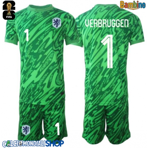 Maglie da calcio Paesi Bassi Bart Verbruggen #1 Portiere Seconda Maglia Bambino Mondiali 2026  Manica Corta + Pantaloni corti)